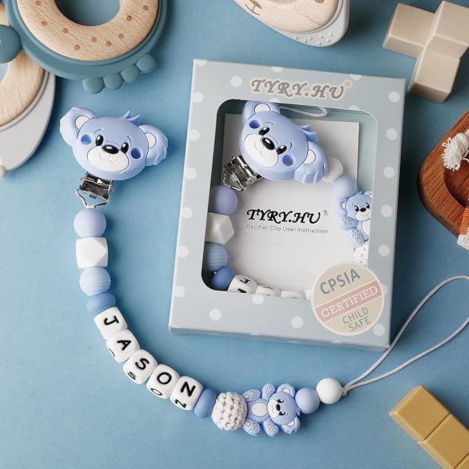 Personalized Pacifier Clip with Name for Baby, Customized Pacifier Clip Fits All Pacifiers, Baby Birthday Gift for Boys and Girls, Bear (Blue)