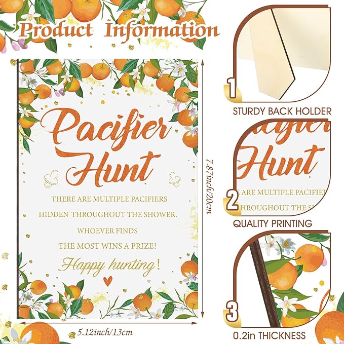 Thyle 51 Pcs Pacifier Hunt Baby Shower Games Include Hunt Sign and 50 Acrylic Pacifiers for Baby Shower Game Decoration Gift Sets Gender Reveal Party Decor(Orange)