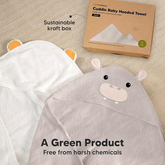 KeaBabies Hooded Baby Towel for Newborn - Viscose Derived from Bamboo Large Baby Bath Towels with Hood for Boys, Girls, Toddler, Extra Absorbent & Soft Newborn Bath Essentials (Hippo)