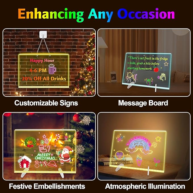 LED Note Board with Colors, 13.8"X10" 4 Modes & 7 Colors Led Acrylic Message Board with Light, Light up Acrylic Dry Erase Board, Led Drawing Board with Stand, Hanging Chain, 7 Markers, Spray Bottle