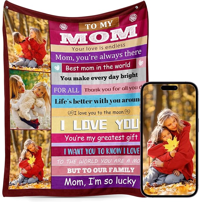Personalized Mothers Day Birthday for Mom Custom Throw Blanket with Pictures, Customized Photo Blankets Gift for Mom Women Grandma Wife from Daughter Son Kids Husband(mom Stripe)