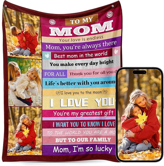 Personalized Mothers Day Birthday for Mom Custom Throw Blanket with Pictures, Customized Photo Blankets Gift for Mom Women Grandma Wife from Daughter Son Kids Husband(mom Stripe)