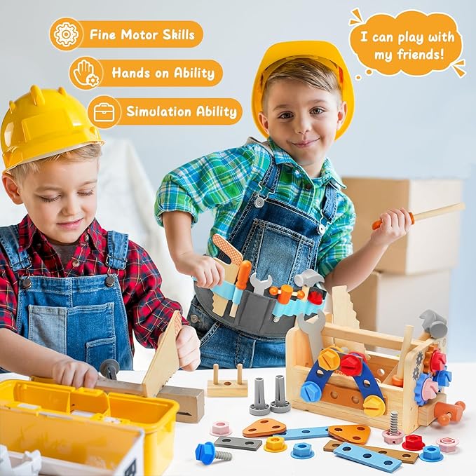 Myfolrena Kids Tool Set With Belt - Wooden Pretend Play Tools for Toddlers Ages 2-5 - Learning Stem Montessori Toys