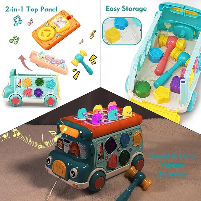 Music Activity Bus Baby Toy, Infant Education Learn Car, Sound & Light, Interactive Game, Shape Sorter, Animal Matching, Holiday Birthday Present for Toddler Kid Boy Girl 3 4 5 6 7 Years (Blue)