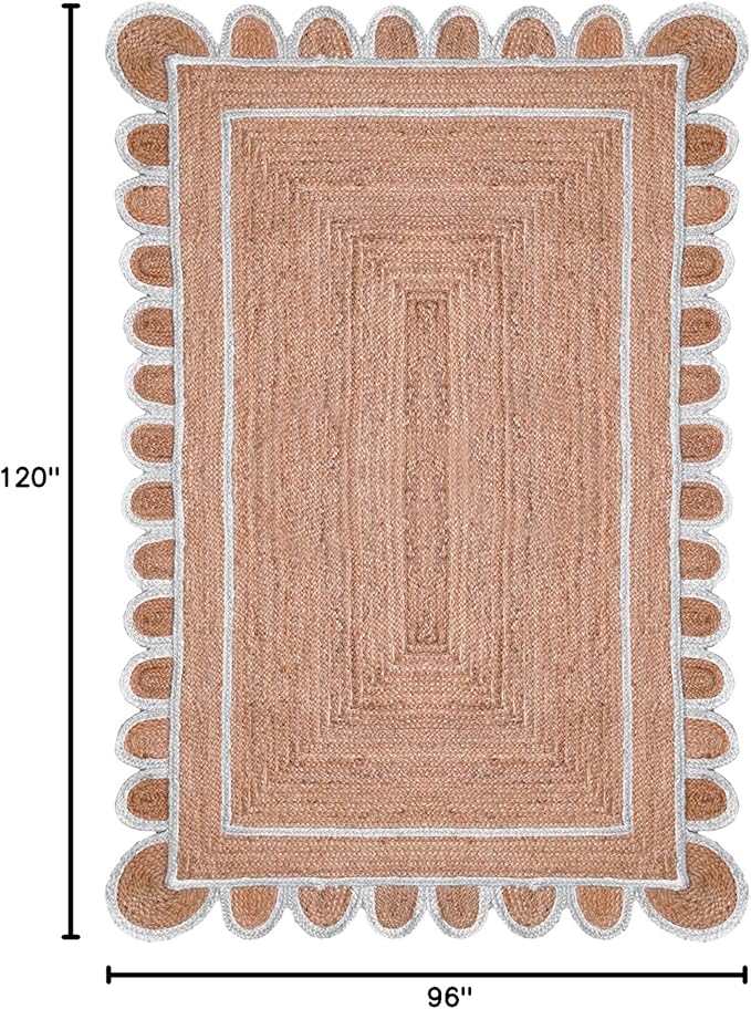 Shiv Shakti Exports Scalloped Natural Jute Area Rug, Natural Base Off White Trim (8x10 Feet)