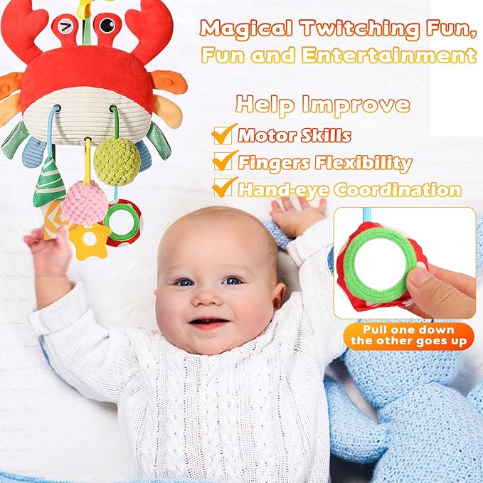 Car Seat Toys for Babies 0-6 Months, Carseat Toys Hanging with Clamp, Mirror, Bell, Rattles, Crinkle, Baby Crab Stroller Toy for Infant Boys & Girls