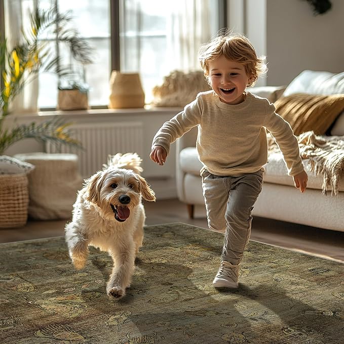 GENIMO 6x9 Area Rugs for Living Room, Machine Washable Non Slip Vintage Rugs, Low Pile Lightweight Chenille Print Rug for Bedroom, Dining Room, Home Office, Moss Taupe