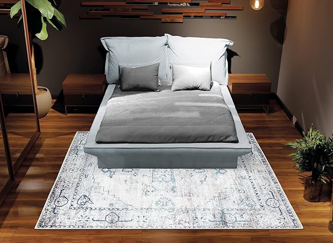 Bloom Rugs Washable Non-Slip 4' x 6' Rug - Teal/Beige Traditional Area Rug for Living Room, Bedroom, Dining Room, and Kitchen - Exact Size: 4' x 6'