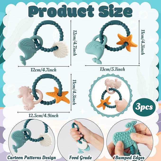 Silicone Teether Toys for Babies - 2ooya 3Pcs Summer Ocean Beach Themed Teething Ring, Baby Sensory Chew Toys with Rattles for Newborn Boy and Girl to Soothe Sore Gums, Baby Shower Birthday Gifts