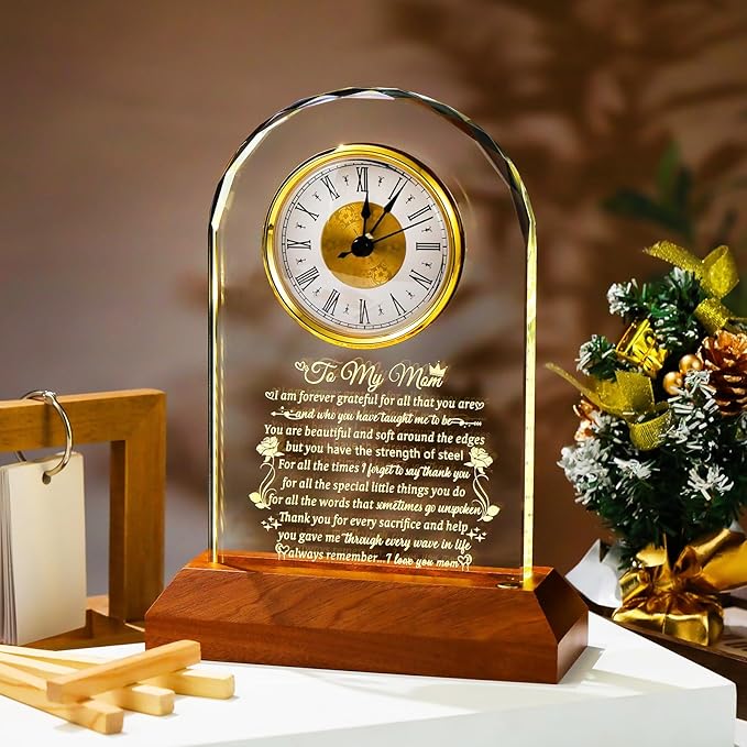 Glass Clock Gifts for Mom from Daughter Son with Wooden Light Base, Personalized Gift for Mom Who Has Everything on Birthday Mother's Day, Present for Mother on Christmas Home Desk Clock
