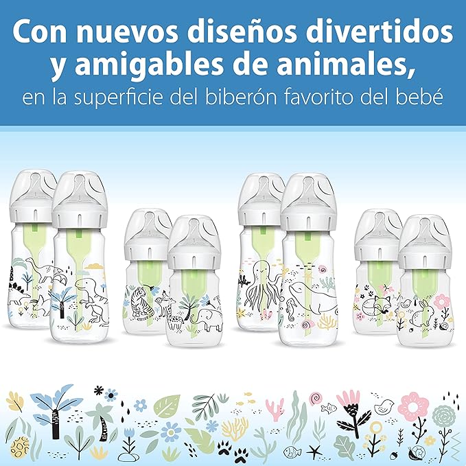 Dr. Brown's Natural Flow® Anti-Colic Options+™ Wide-Neck Baby Bottle Designer Edition Bottles, Dino Decos, 9oz/270mL, Level 1 Nipple, 2-Pack, 0m+