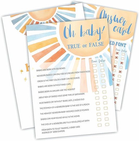 Oh Baby! True Or False - Retro Sunshine Baby Shower Game Set - 30 Game Cards + 1 Answer Cards -Watercolor Sun Theme Baby Shower Game Kit, Gender Reveal, Party Favor & Supplies - A04