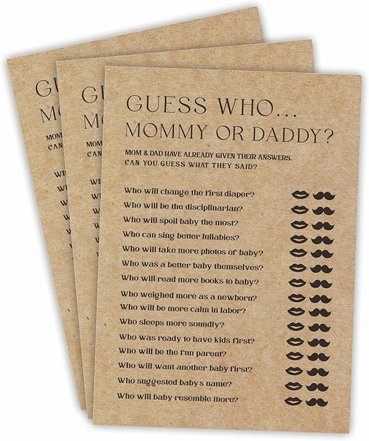 Baby Shower Game Card - Set of 30 Minimalism Kraft Paper Double Print - Guess Who? Mommy Or Daddy Game Cards for Baby Boy Girl, Baby Announcements, Gender Reveal Games, Party Favors and Supplies-B03