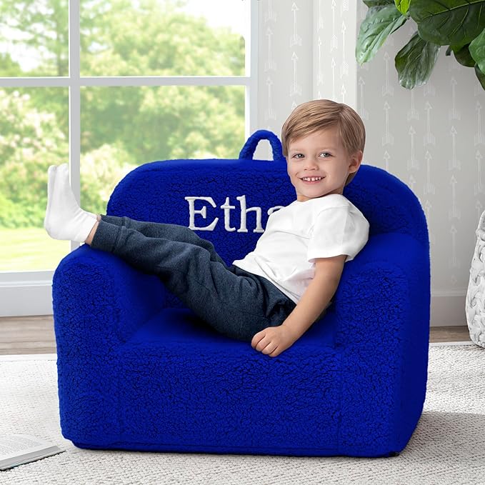 Delta Children Personalized Sherpa Cozee Chair - Customize with Name – Foam Kids Chair for Ages 18 Months and Up, Royal Blue