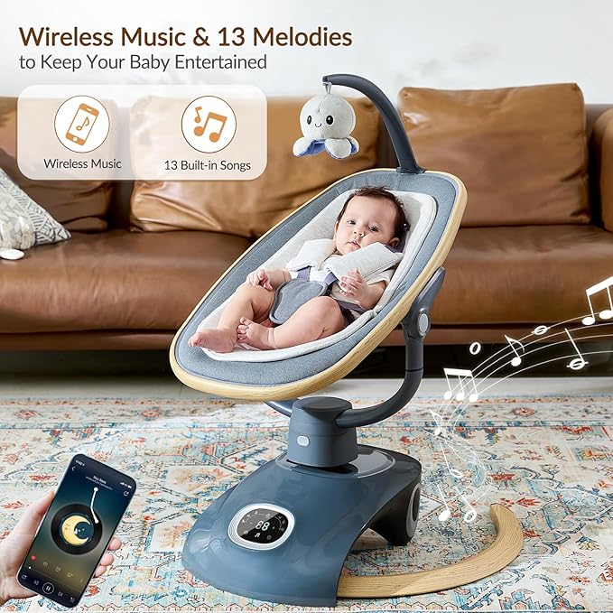 Electric Baby Swing Newborn for Infants with 5 Speeds, Multi Motion 3D Baby Rocker for Girl Boy Swingset Indoor with 13 Melodies Music, Remote Control, Dark Gray
