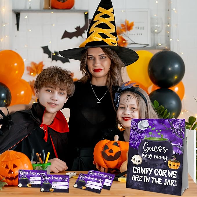 Halloween How Many Candy Corns Are In The Jar - 1 Standing Sign & 50 Guessing Cards - Halloween Witch Bowl Party Game & Decoration For Boys, Girls, Adults - Baby Shower, Birthday Game Set - A10
