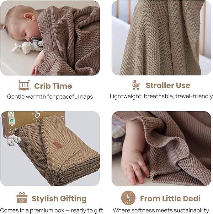 100% Organic Cotton Baby Knitted Blanket with Gift Box - Soft Toddler, Crib, Stroller Blanket - Neutral Swaddle and Receiving Blanket for Newborns, 30"x40", Mocha Meringue