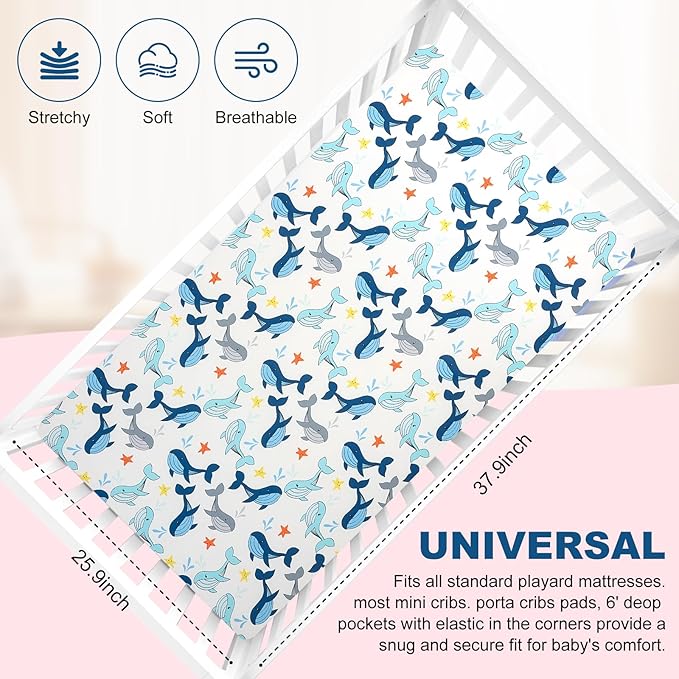 Pack n Play Flat Sheet 2 Piece Mini Crib Sheet Elastic Playard Sheet Set Portable Sheet Set Elastic Convertible Playmat Compatible Graco Pack n Play (Owl and Tree Bag) (Whale & Lion)