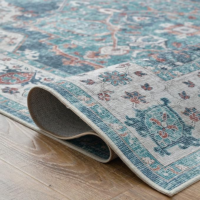 jinchan Area Rug 4x6 Washable Vintage Rug Floor Cover Traditional Thin Blue Multi Distressed Floral Print Indoor Mat for Bedroom Living Room Kitchen Dining Room