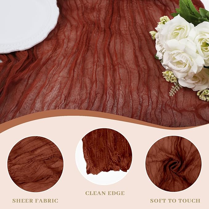 Le courant 12pcs 10Ft Cheesecloth Table Runner, Rustic Boho Gauze Cheese Cloth Runner Table Runner for Weddings Bridal Baby Shower Birthday Holiday Parties Home Decor, Terracotta