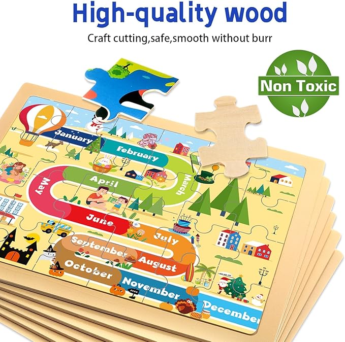 Wooden Puzzles for Kids, 6 Packs 24Pcs Wooden Number Shape Seasons Toddler Jigsaw Puzzles, Preschool Educational Learning Toys Gifts for Boys and Girls 2 3 4 5 6 Year Old
