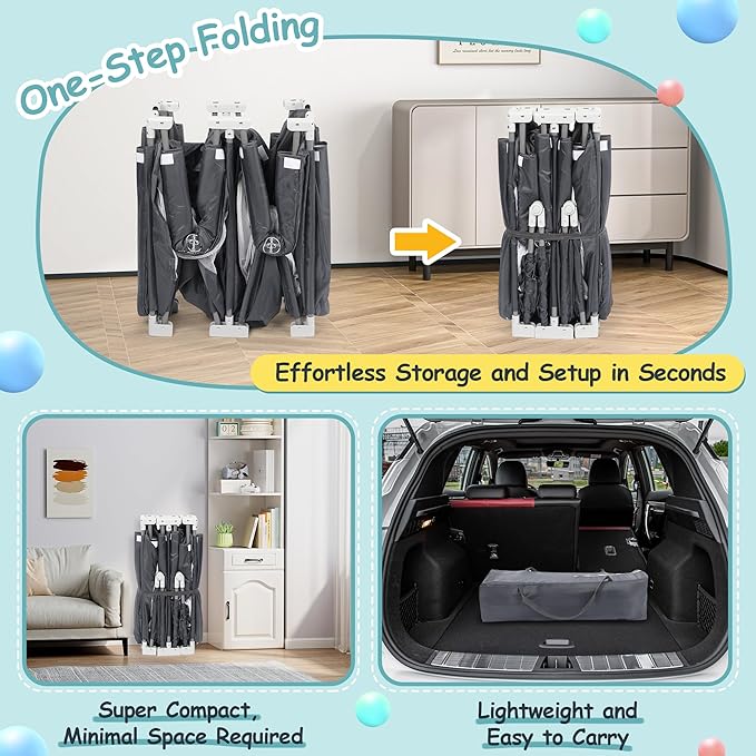 Foldable Playpen for Babies and Toddlers, 72" x 59" Extra Large Collapsible Play Pen with Basket, 4 Handlers & 50 Ocean Balls, Portable Travel Play Yard with Carry Bag, No Installation, Grey