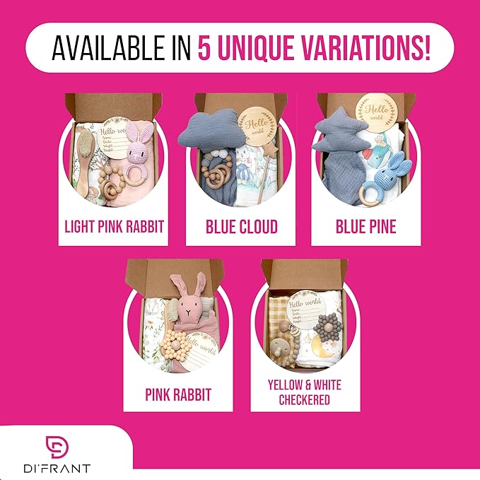 DI'FRANT Newborn Baby Gift Box | Educational Teething Toy & Soothing Crochet Rattle Set | 70% Bamboo & 30% Cotton | Perfect Baby Full Moon Gift in Eco-Friendly Kraft Box (Pink Rabbit)