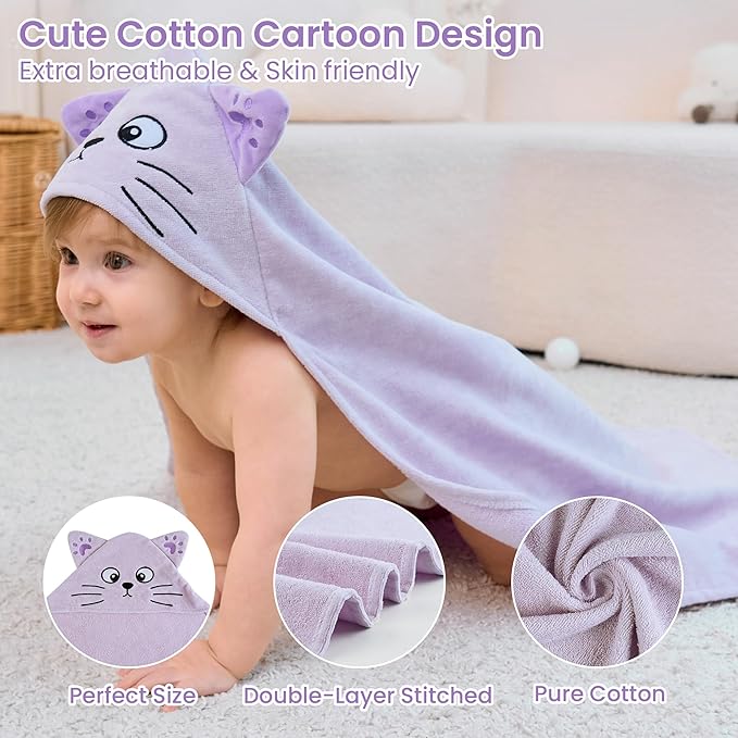 Mooreeke 2 Pack Toddler Towels - 100% Cotton Toddler Hooded Towels - Soft Baby Bath Towel with Hood for Newborn - Comfort Towel for Baby Girls and Boys - Animal Shaped (Fox & Cat)