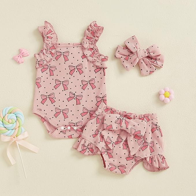 Kaipiclos Cherry Baby Outfit Newborn Infant Girl Clothes Rib Knit Romper & Shorts Waffled Baby Clothes for Girls 0 3 6 12 18M