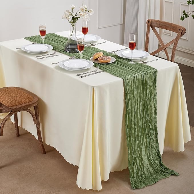 12 Pack Sage Green Cheesecloth Table Runner 10FT Long Boho Gauze Table Runner Rustic Sheer Runner for Wedding Bridal Baby Shower Birthday Party Table Decor Thanksgiving Christmas Decorations