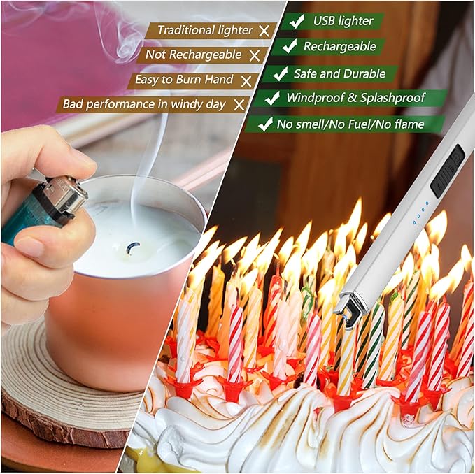 Lighter Electric Candle Lighter Long Electronic Rechargeable USB Arc Windproof Flameless Lighters for Candle Camping BBQ Birthday Women's Day Gifts for Women Mom Wife Men, Silver