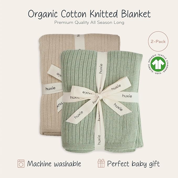 Knitted Organic Cotton Baby Blanket- Swaddle Blanket, 30" x 40" Soft Receiving Blanket for Newborn (Fog/Roman Green)