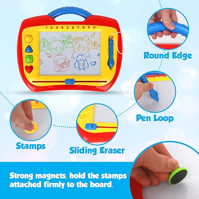 Playkidz Magnetic Drawing Board Toy for Kids, Large Color Doodle Board Writing Painting Sketch Pad, Write and Play, Draw and Stamp, Erase and Write Again, Ages 3+. (1 Pack)
