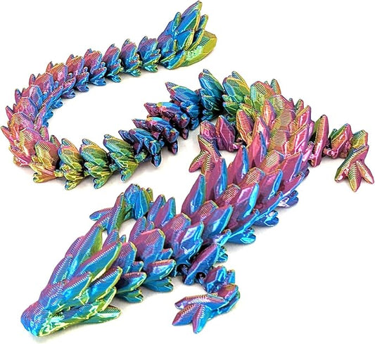 12" Articulated Gem Stone Dragon - New 2024 Ver - Multi Color 3D Printed Plastic Dragon Figure - Rainbow Pearlescent Colors - Interlocked Body Segments and Legs (Medium 12", Pastel Rainbow)
