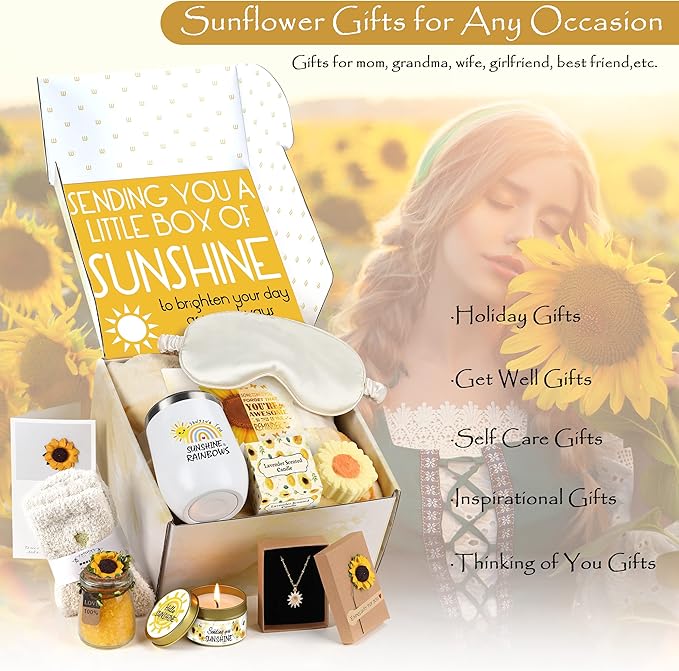 Sunflower Gifts for Women Sending Sunshine Gift-Birthday Gifts for Women Unique-Thank You-Self Care Package-Get Well Gift-Inspirational Retirement Spa Gift Basket for Mom Grandma Wife Friends Sister
