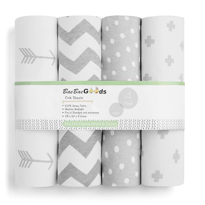 BaeBae Goods Premium Crib Sheets for Baby Boys and Girls, 4 Pack, Soft and Breathable Jersey Knit Fitted Sheet Set, Grey and White, Cute Gender Neutral Nursery Mattress Bedding, Universal Fit