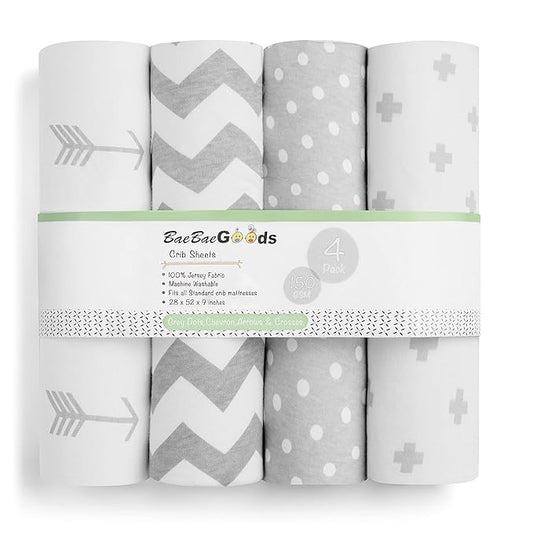 BaeBae Goods Premium Crib Sheets for Baby Boys and Girls, 4 Pack, Soft and Breathable Jersey Knit Fitted Sheet Set, Grey and White, Cute Gender Neutral Nursery Mattress Bedding, Universal Fit