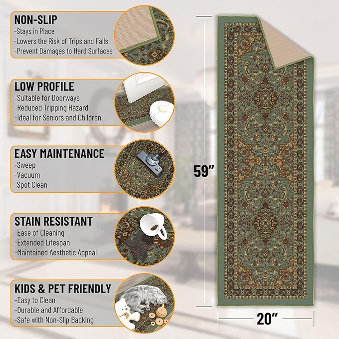 Ottomanson Hallway Runner Rug 20" x 59" Non Slip Oriental Area Rugs Easy to Clean Laundry Rug Runner Durable Pet Friendly Floor Carpet Runners for Hallways Entryway Living Room Kitchen, Seafoam Green
