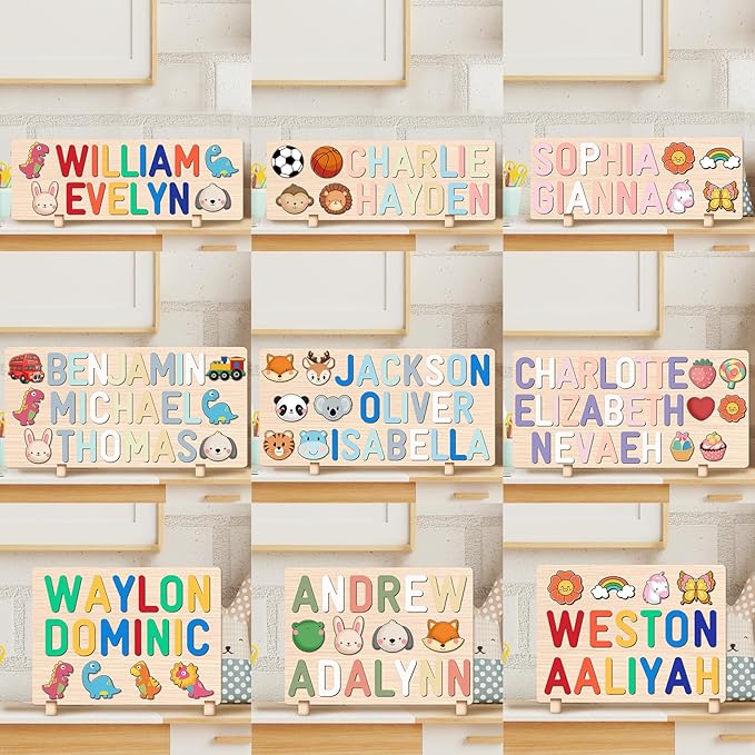 Personalized Name Puzzle for Kids, Custom Wooden Name Puzzle for Toddlers 1-3, 1st Birthday Easter Gifts for Kids, Alphabet Puzzle Engraved Text On Back, Toddlers Toys