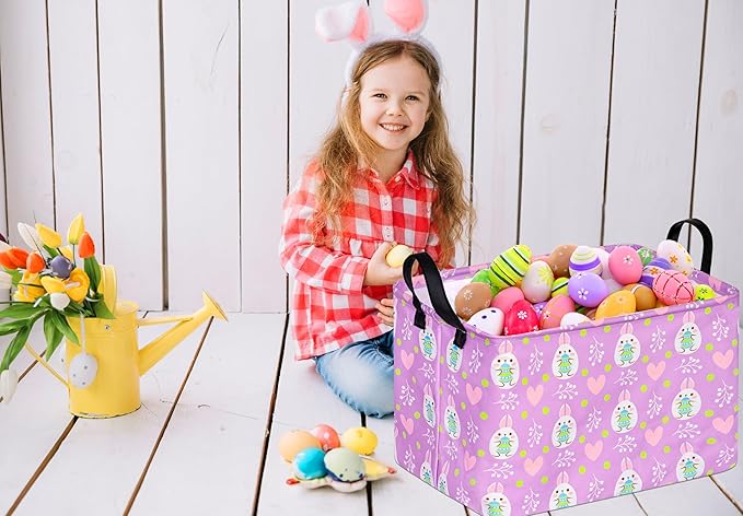 Rectangle Canvas Easter Basket, Rabbit, Laundry Basket, Storage Box for Toys Clothes Choice for Boys and Girls (Purple)