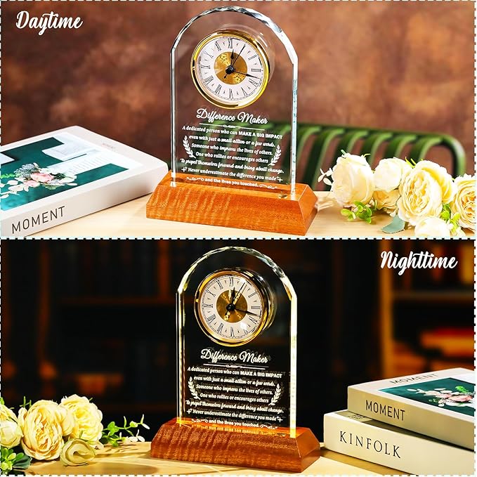 Difference Maker Glass Clock Gifts, Thank You Gift for Coworker Boss Mentor Leader Teachers Employee with Wooden Light Base, Crystal Difference Maker Plaque Appreciation Keepsake for Women Men