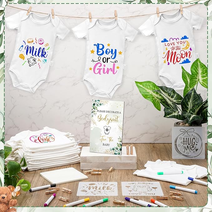 Panitay 126 Pcs Baby Shower DIY Bodysuit Set Rustic Kraft Baby Shower Game Sign DIY Bib 25 Blank White Newborn Bodysuit 25 Stencils 24 Marker 1 Sign 50 Pins for Gender Reveal(Greenery)