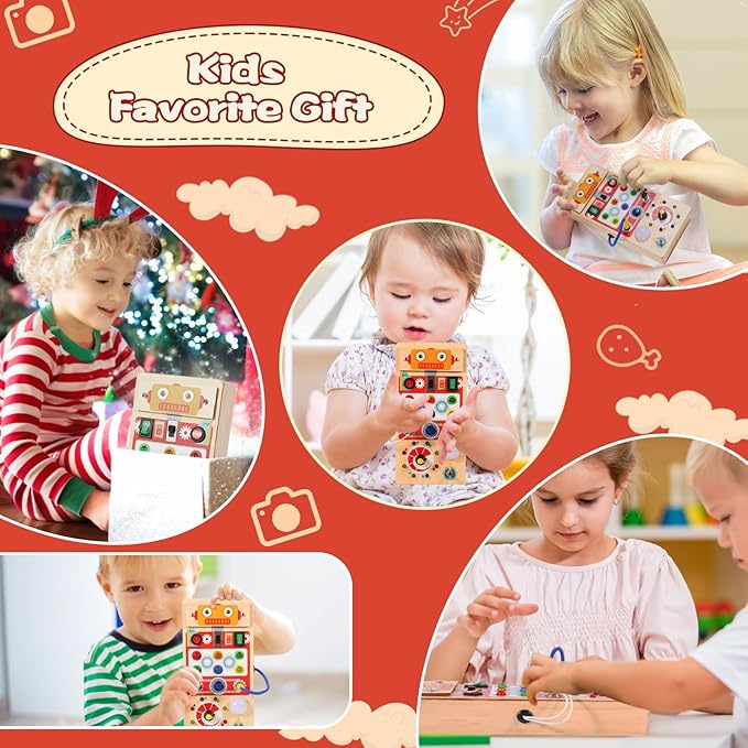 Asweets Montessori Wooden Busy Board Toy for Toddler, Red Robot Sensory Board with 8 LED Shape Light Switches, Travel & Gift Toys for Kids, 3.9''L x 2.0''W x 7.5''H