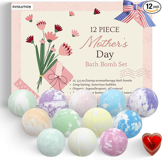 EvolutionUSA Mother's Day Bath Bombs for Women, 12 Beautiful Bath Bombs for Mom, Thoughtful Mother's Gift of Luxury & Relaxation, Gorgeous Bath Balls Set, Lush Aramotherpy Bathbombs, Gift Set Women