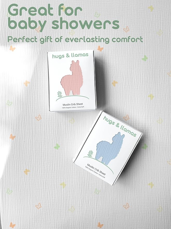 hugs & llamas | 100% Organic Cotton Muslin Fitted Crib Sheet | Premium Baby Crib Sheets for Boys & Girls Crib Fitted Sheet | Organic Crib Sheets Girl & Boy Crib Sheets Neutral | Crib Mattress Sheet