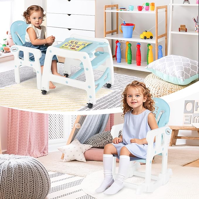 INFANS 5 in 1 Baby High Chair, Convertible Toddler Table Chair Set, Rocking Chair, Multi-Function Seat with Lockable Universal Wheels, Adjustable Seat Back, Removable Trays (Blue)