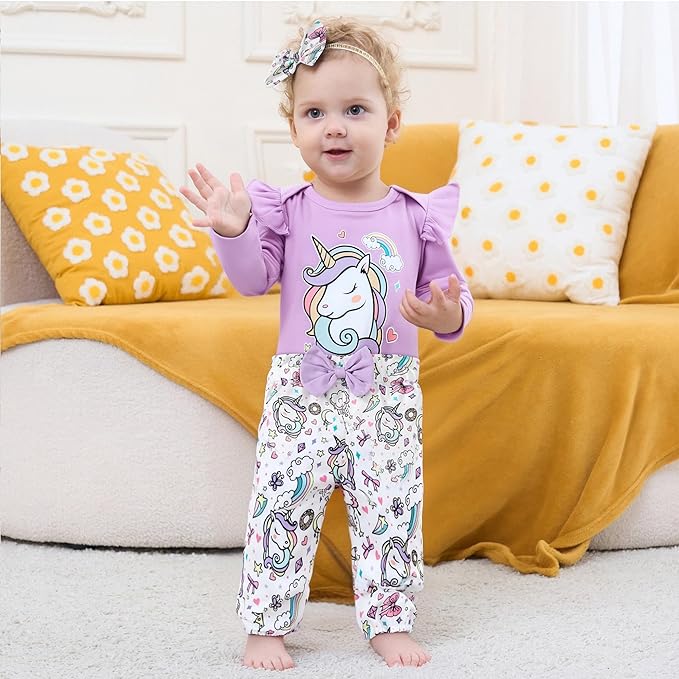 DISAUR Baby Girls Clothes Newborn Infant Baby Girls Outfit Long Sleeve Ruffle Romper Floral Pants Headband Sets 0-18 Months