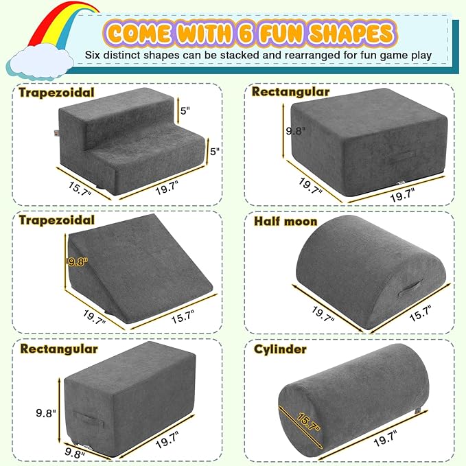 jela Kids Foam Climbing Blocks 6Pcs Soft Play Equipment, Toddler Climbing Toys Indoor Soft Play Climbing Set, Lightweight Climbing Blocks for Babies, Crawling Foam Playset (Miss Fabric Darkgrey)