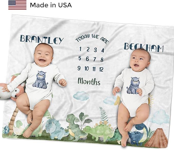 MDPrints Twin Milestone Baby Blanket, Custom Monthly Blankets for Twins Boys and Girls, Customized Gifts with Name (Twin Dinosaur TM29)