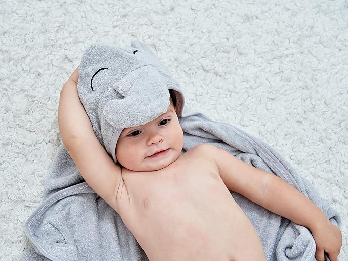 HIPHOP PANDA Hooded Towel - Rayon Made from Bamboo, Bath Towel with Bear Ears for Newborn, Babie, Toddler, Infant - Absorbent Large Baby Towel - Grey Elephant, 30 x 30 Inch